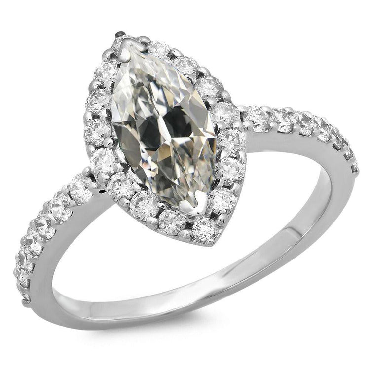 Bague Halo Ronde & Marquise Réel Diamant Taille Ancienne Or Blanc 14K 7.50 Carats