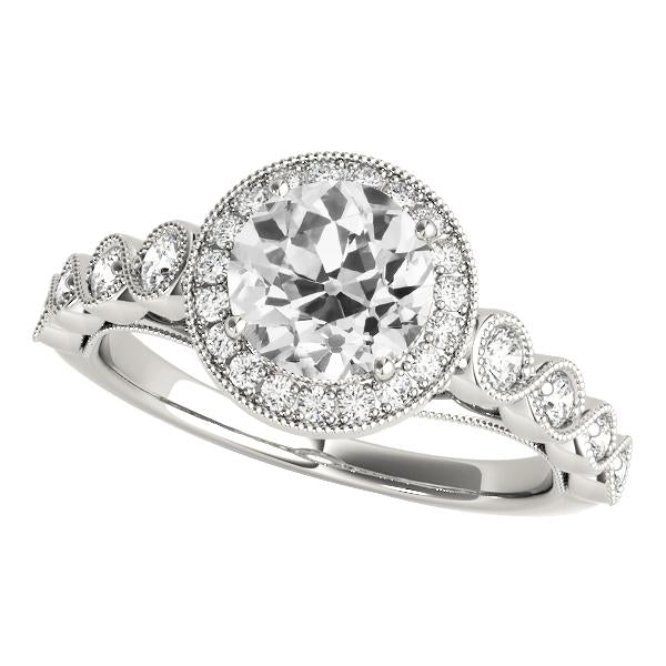 Bague Halo Ronde Or Blanc Vieux Mineur Réel Diamants Milgrain 14K 3.50 Carats