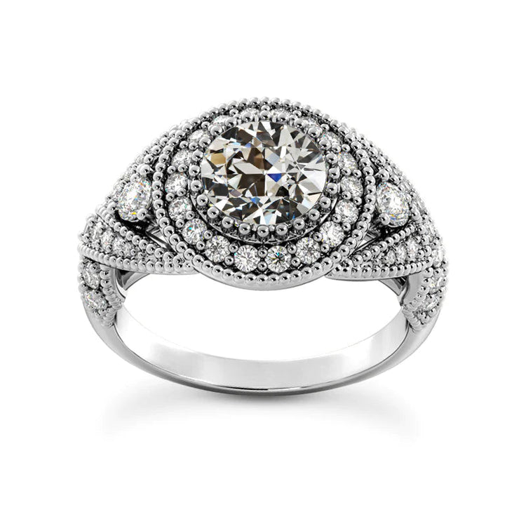 Bague Halo Ronde Réel Diamant Taille Ancienne Millgrain Style Antique 5.50 Carats