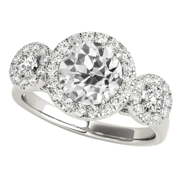 Bague Halo Ronde Style 3 Pierres Réel Diamants Taille Ancienne Mine 5 Carats Sertie de Griffes