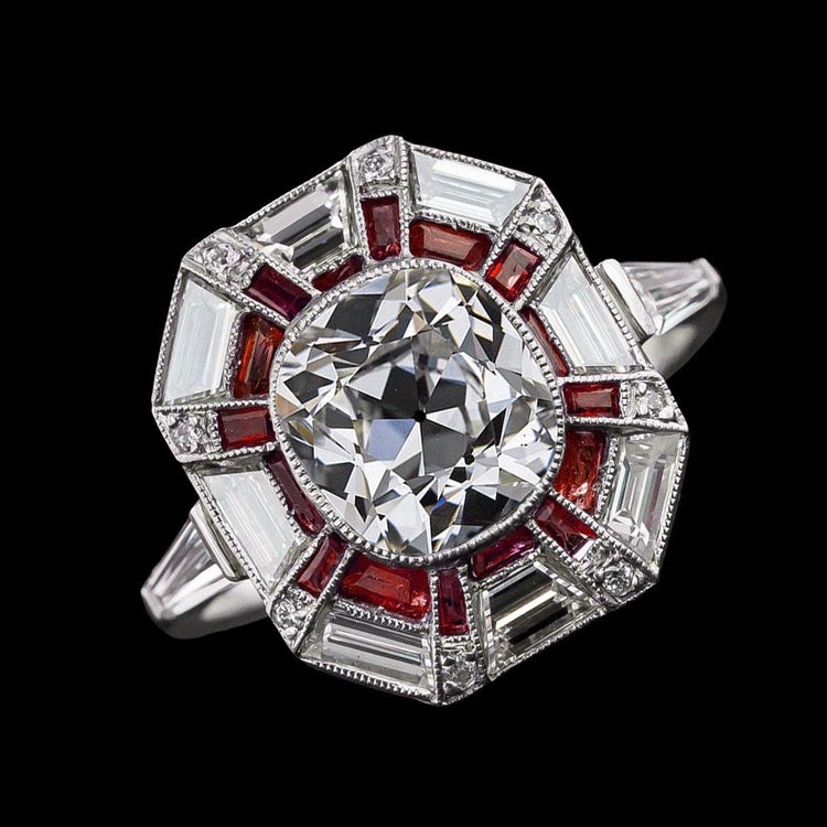 Bague Halo Rubis Baguette & Réel Diamant Rond Taille Ancienne 6.50 Carats