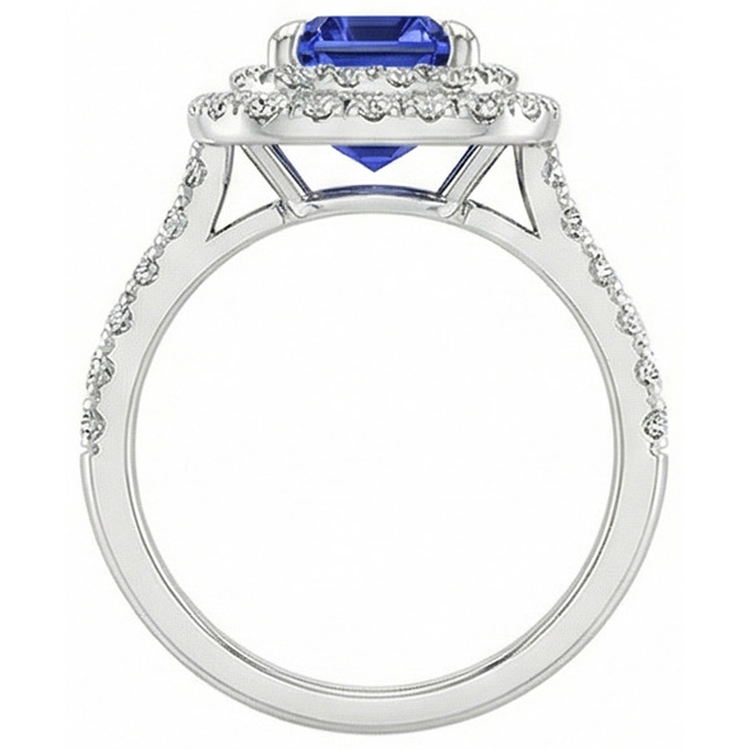 Bague Halo Saphir Bleu Émeraude & Diamant Naturels Extraits des Mines ( et non cultivés en laboratoire ) 5 Carats Or Blanc 14K
