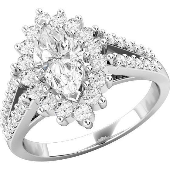 Bague Halo Style Fleur Marquise Et Naturel Diamants Taille Ronde En Or Blanc 4.60 Ct
