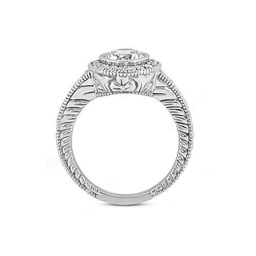 Bague Halo Véritable Diamant Style Antique 1.35 Carats Or Blanc 14K