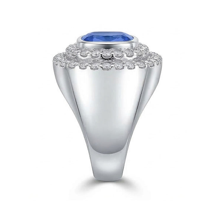 Bague Homme Double Halo Sertie Lunette Coussin Saphir Bleu Naturel 4.50 Ct