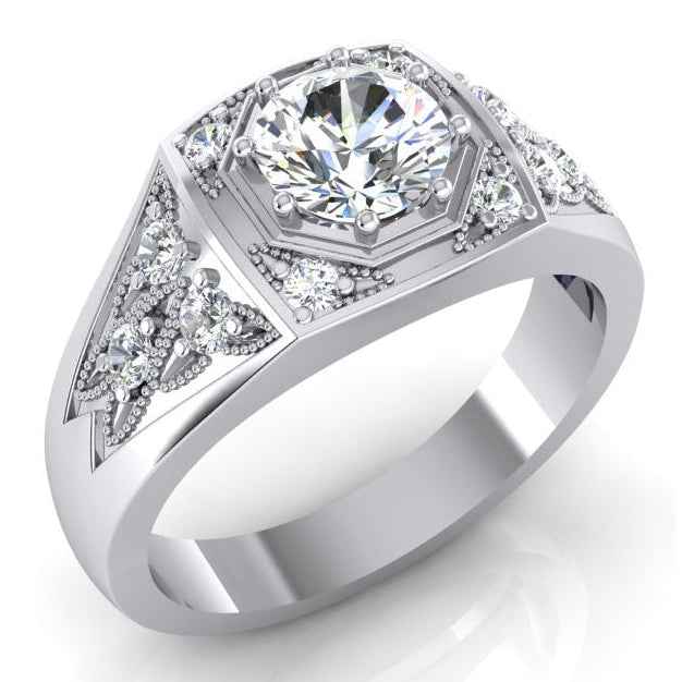 Bague Homme Réel Diamant Rond 1.50 Carats Or 14K