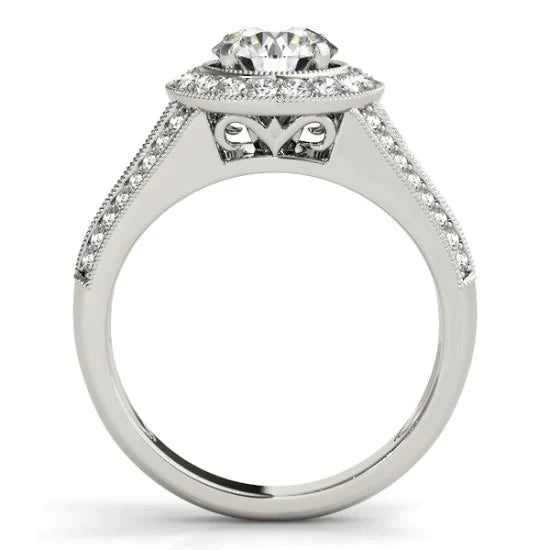 Bague Milligrain Halo 2.50 Carats Réel Diamant Rond Or Blanc Massif 14K