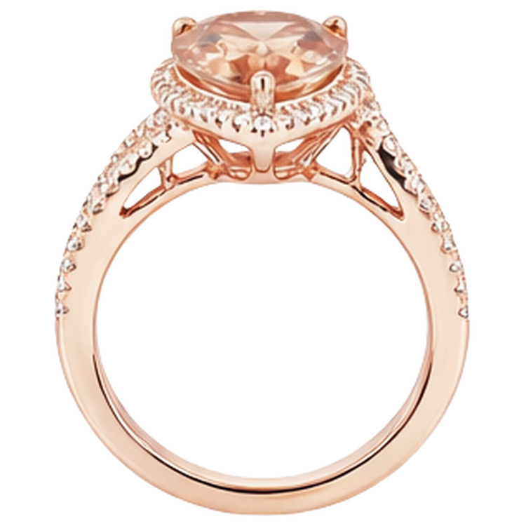 Bague Morganite Poire 9 Carats Avec Diamants Naturels Extraits des Mines ( et non cultivés en laboratoire ) Ronds Or Rose 14K