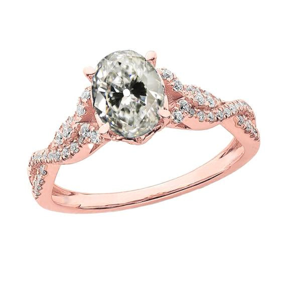 Bague Naturel Diamant Ovale Ancienne Mine Cut Style Infini Or Rose 5 Carats