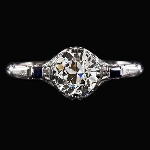 Bague Naturel Diamant Rond Taille Ancienne 3 Pierres & Saphirs Bleu Princesse 2 Carats