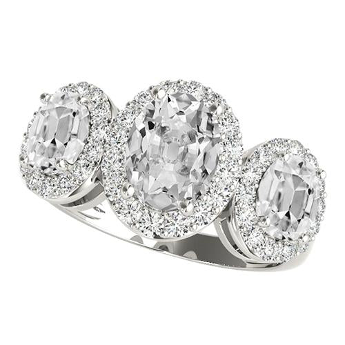 Bague Naturel Diamant Taille Ancienne Ovale Style Halo 3 Pierres En Or Blanc 9.50 Carats