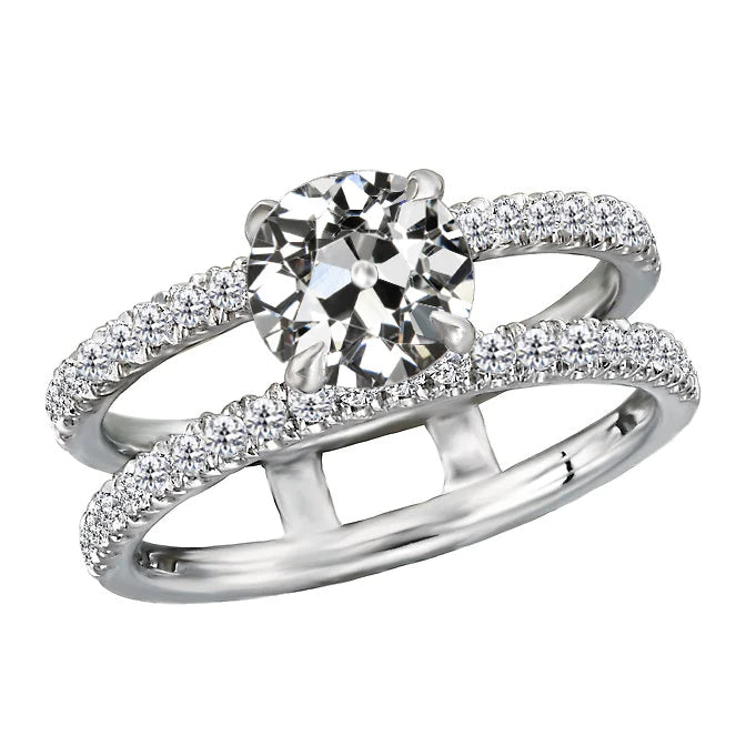 Bague Naturel diamant rond taille vieille mine en or 14 carats tige fendue 4.50 carats