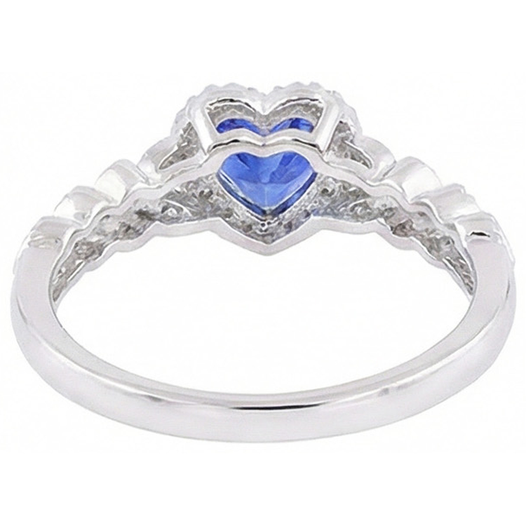 Bague Or Blanc Halo Coeur Saphir Bleu Style Feuille 2.50 Carats