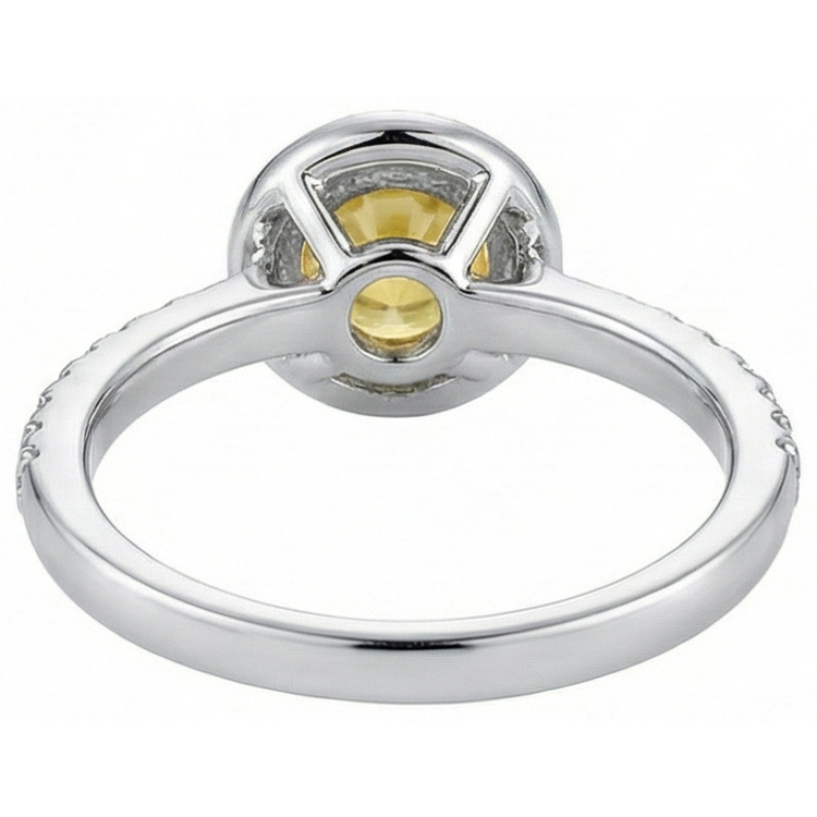 Bague Or Blanc Saphir Jaune Rond Et Halo Diamants Naturels Extraits des Mines ( et non cultivés en laboratoire ) 4.50 Carats