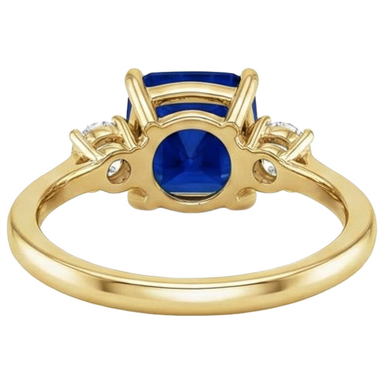 Bague Or Jaune 3 Pierres Diamant Naturels Extraits des Mines ( et non cultivés en laboratoire ) Et Coussin Saphir Bleu 2.50 Carats