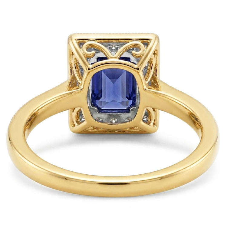 Bague Or Jaune Milligrain Diamant Halo Saphir de Ceylan 2 Carats
