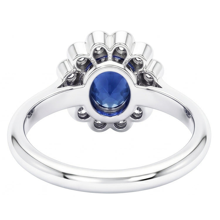 Bague Or Lunette Sertie Halo Saphir Ceylan Ovale Et Diamants Naturels Extraits des Mines ( et non cultivés en laboratoire ) 9.70 Carats