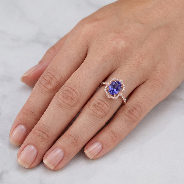 Bague Or Rose Saphir Bleuet Bleu Roi