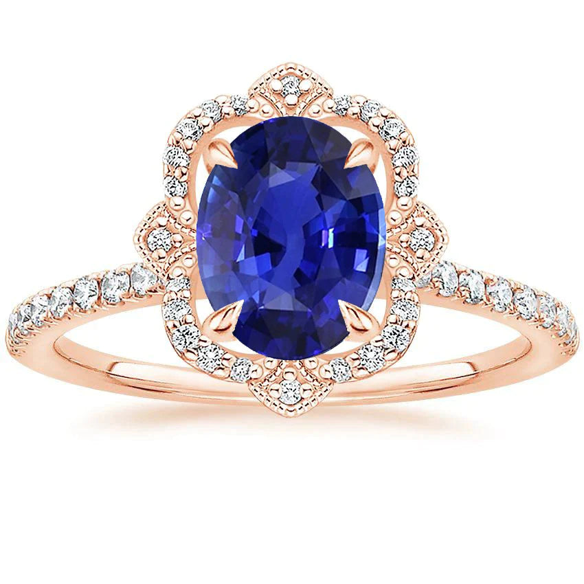 Bague Or Rose Saphir Bleuet Bleu Roi