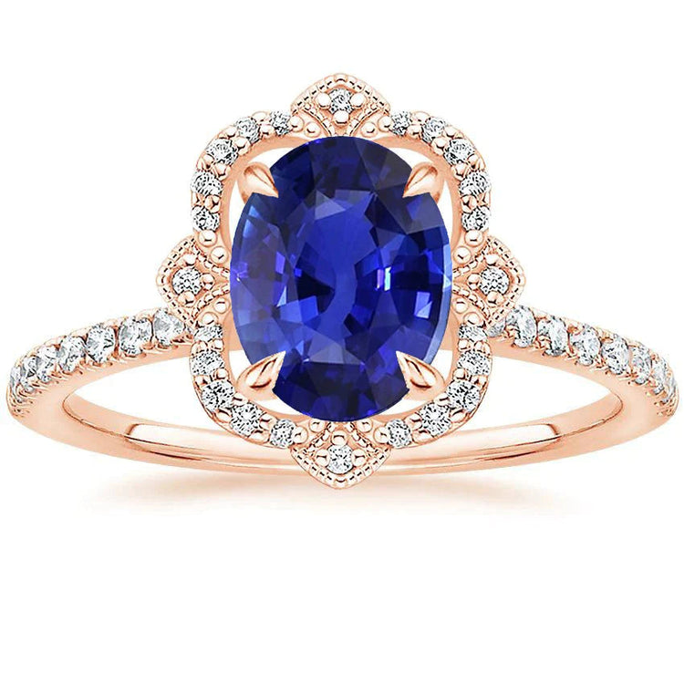 Bague Or Rose Saphir Bleuet Bleu Roi