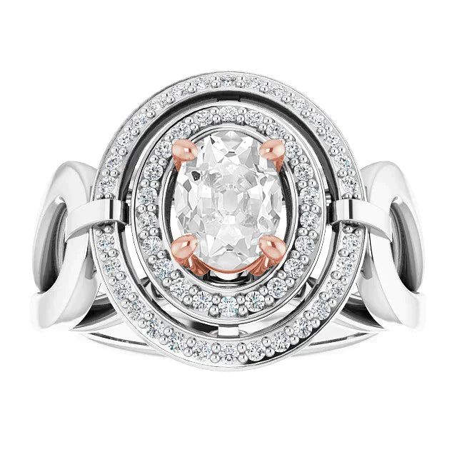 Bague Ovale À Double Halo Avec Réel Diamants Taille Ancienne Sertie De Griffes 6.25 Carats Deux Tons