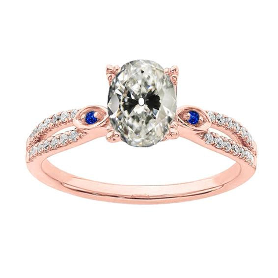 Bague Ovale Naturel Diamant Taille Ancienne Et Saphir Rond Du Sri Lanka 4.50 Carats