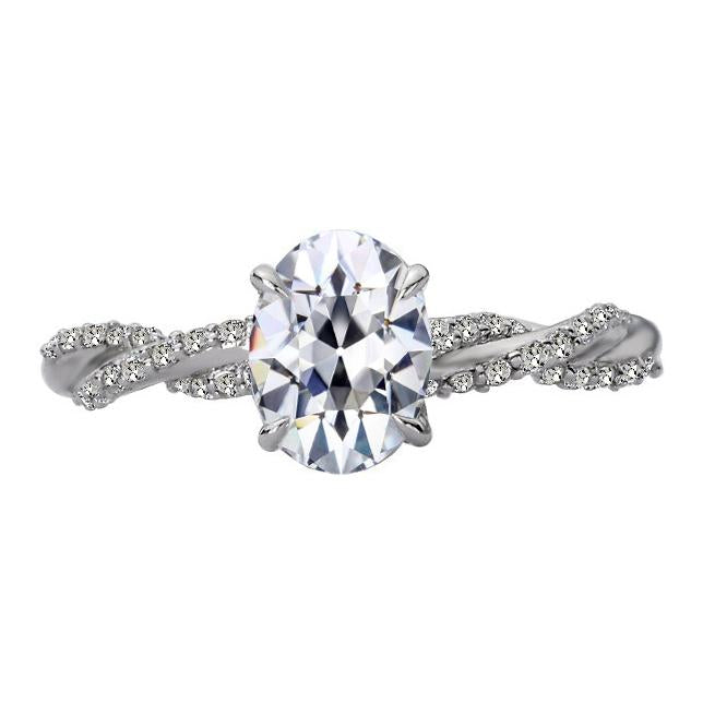 Bague Ovale Naturel Diamant Taille Ancienne Griffe Tige Torsadée 5.50 Carats
