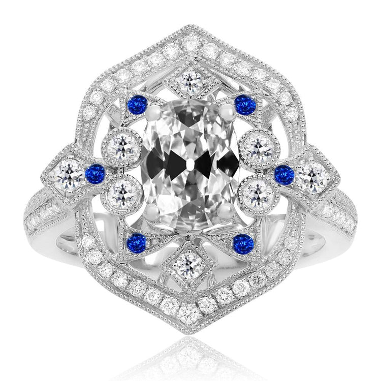 Bague Ovale Naturel Diamant Taille Ancienne & Saphir Bleu Halo Style Vintage 7 Carats