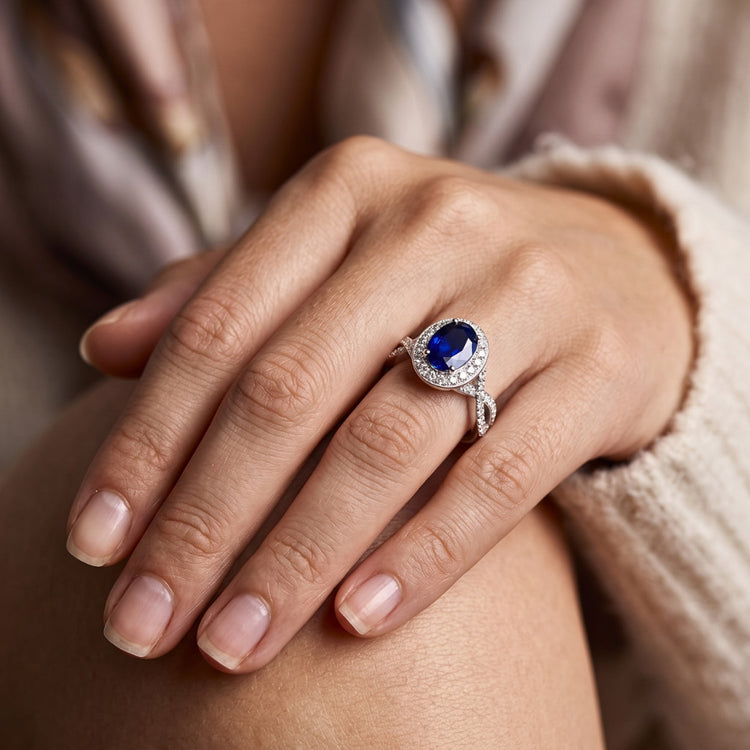 Bague Ovale Safir Sri Lanka Halo