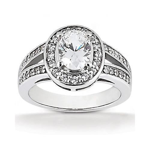 Bague Ovale Solitaire Halo de Réel Diamants Avec Accent En Or Blanc De 1.71 Carat 14K