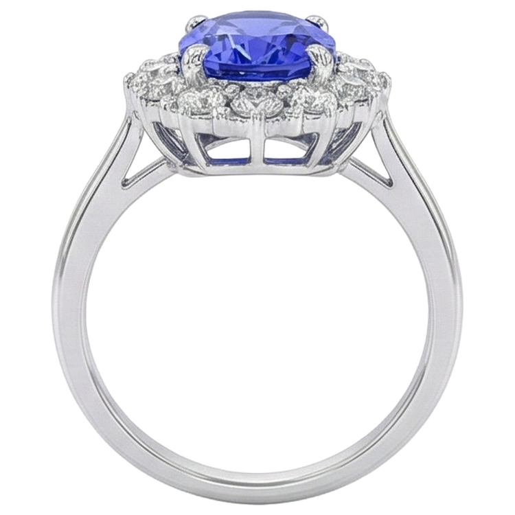 Bague Ovale Tanzanite Et Diamants 10 Ct Or Blanc 14K Sertie De Griffes