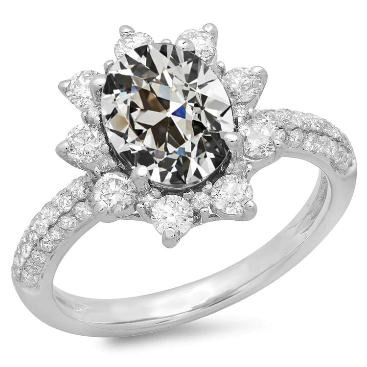Bague Ovale Vieux mineur Réel Diamond Halo Pavée Style Fleur 11.50 Carats