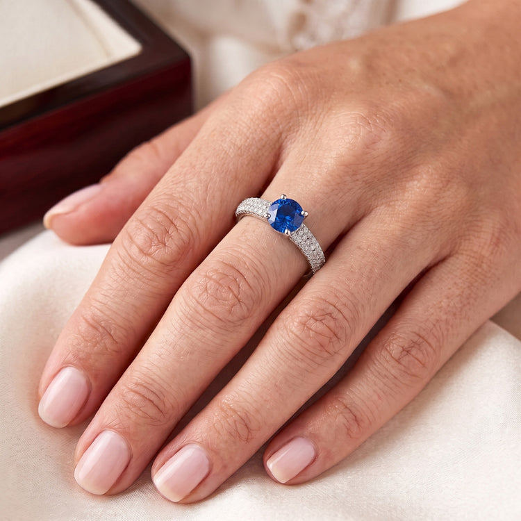 Bague Pavé Diamant Bleu Saphir 2 Carats Or Blanc 14K
