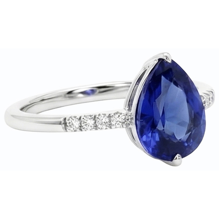 Bague Pierre Saphir Bleu Poire & Petits Diamants Ronds 3 Carats