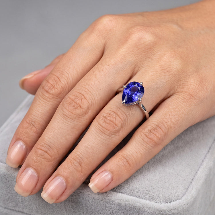 Bague Pierre de Couleur Or 14K Blanc – Saphir Bleu Taille Poire