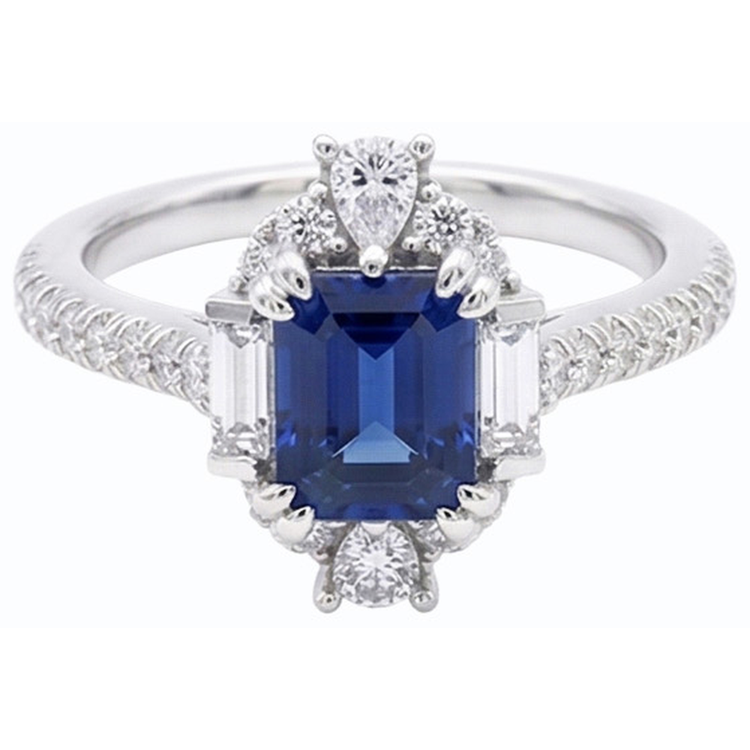 Bague Pierres Précieuses émeraude Saphir Baguette & Pavé Diamant 3.50 Carats