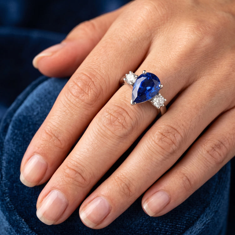 Bague Poire Ceylan Saphir Diamant Naturels Extraits des Mines ( et non cultivés en laboratoire ) Or Blanc 4.21 Ct Bijoux
