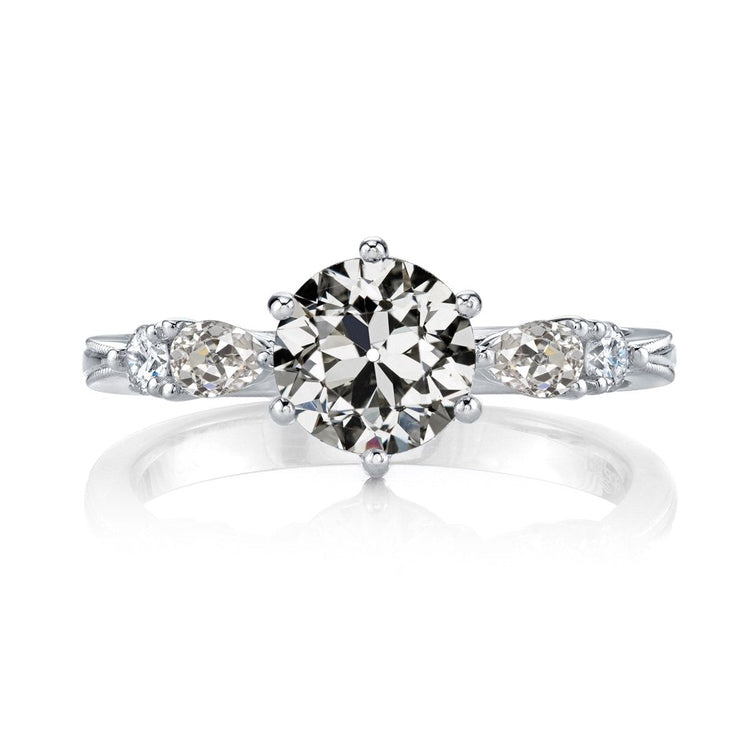 Bague Poire & Naturel Diamant Rond Taille Vieille Mine Or Blanc 14K 4 Carats