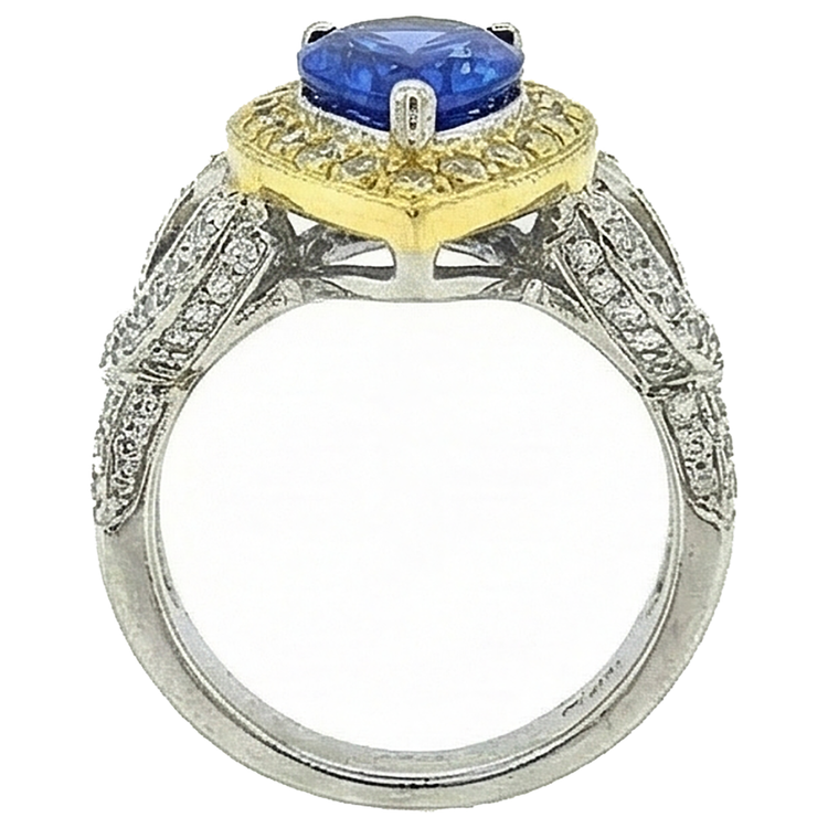 Bague Poire Tanzanite Et Diamants Naturels Extraits des Mines ( et non cultivés en laboratoire ) De Style Antique 4.51 Ct Or Deux Tons
