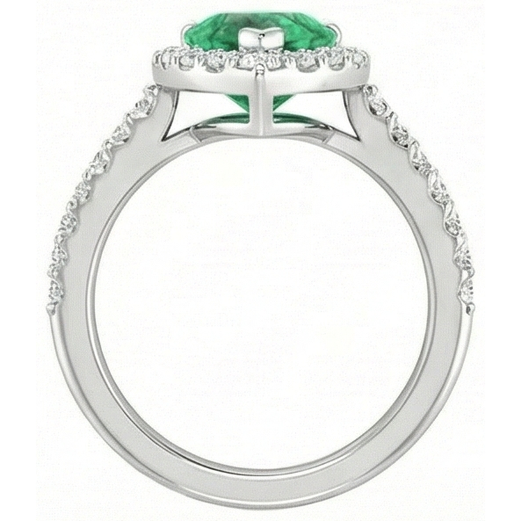 Bague Poire & Ronde 4 Carats Emeraude Vert & Diamant Pierres Précieuses Or Blanc 14K