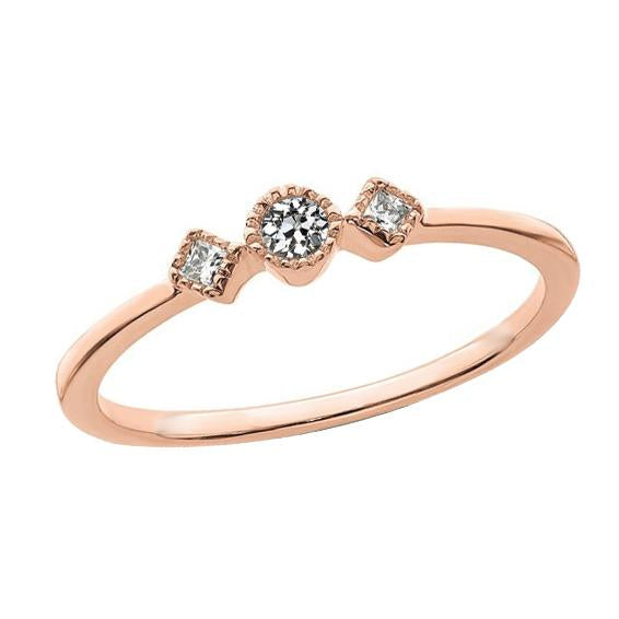 Bague Princesse 3 Pierres & Naturel Diamant Rond Ancienne Mine Cut Or Rose 1 Carat