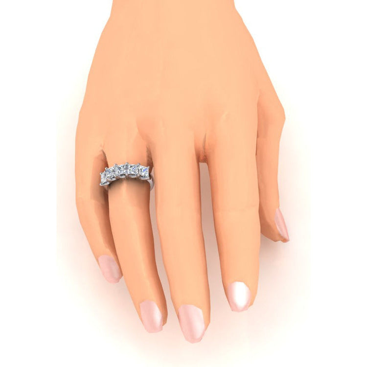Bague Princesse Véritable Diamant 5 Pierres Or Demi Eternité Bande U Prong 3 Carats
