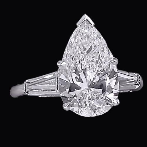 Bague Réel Diamant 3 Pierres 3.50 Carats Centre Poire Or Blanc 14K