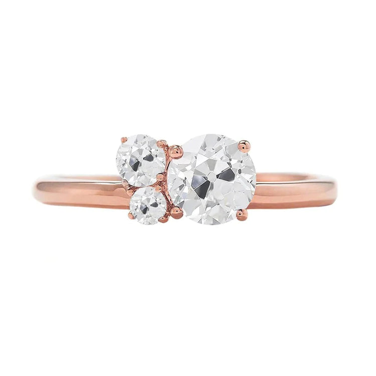 Bague Réel Diamant 3 Pierres Rondes Vieux Mineur Or Rose 1.50 Carats