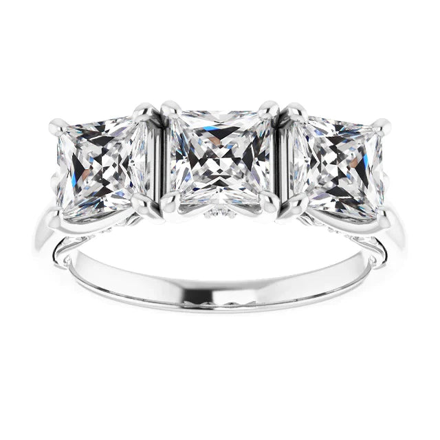 Bague Réel Diamant Européen Ancienne Taille Carrée 3 Pierres Or 14K 9 Carats