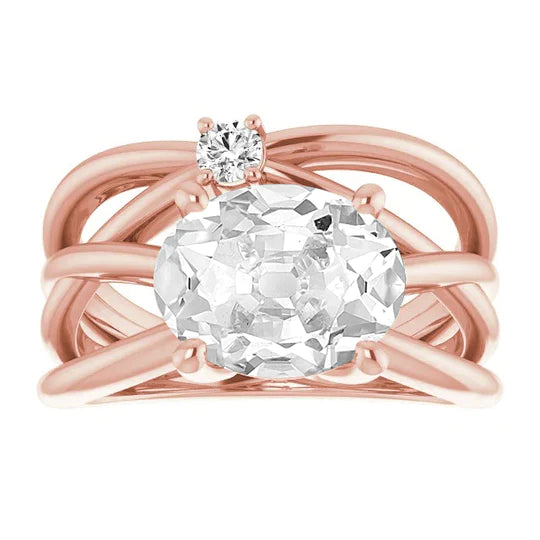 Bague Réel Diamant Ovale Taille Ancienne 6 Carats 2 Griffes Double Tige Fendue