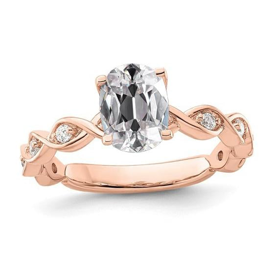 Bague Réel Diamant Ovale Taille Ancienne En Or Rose Sertie Griffes Torsadées 3.50 Carats