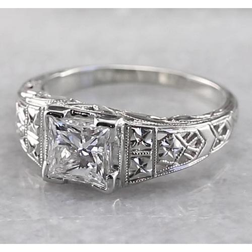 Bague Réel Diamant Princesse De Style Filigrane 1 Carat Or Blanc 14K