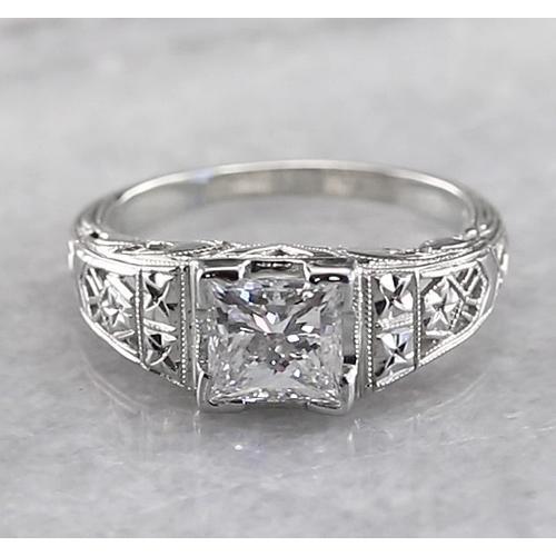 Bague Réel Diamant Princesse De Style Filigrane 1 Carat Or Blanc 14K