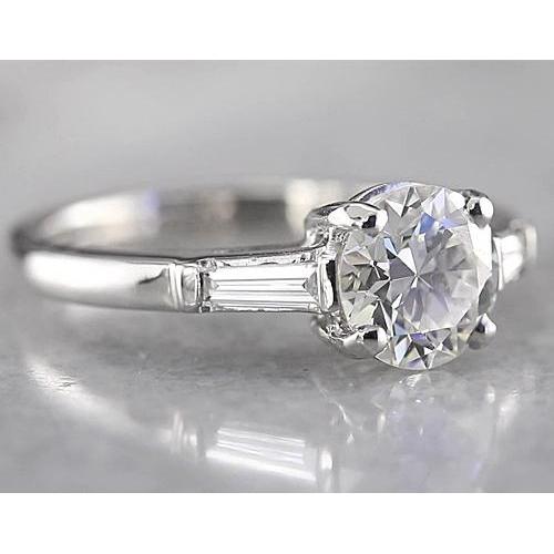 Bague Réel Diamant Rond 3 Pierres Baguettes Or Blanc 14K 1.60 Carats